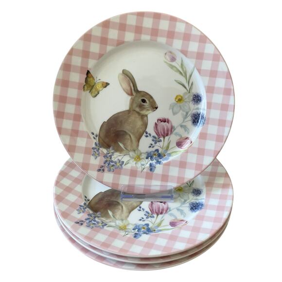 Grace Teaware Bunny Floral Pink Gingham 8in Side Salad Plates Set of 4 NEW - Picture 11 of 12